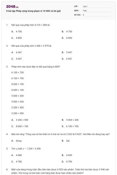 8 bài tập Phép cộng trong phạm vi 10 000 có lời giải