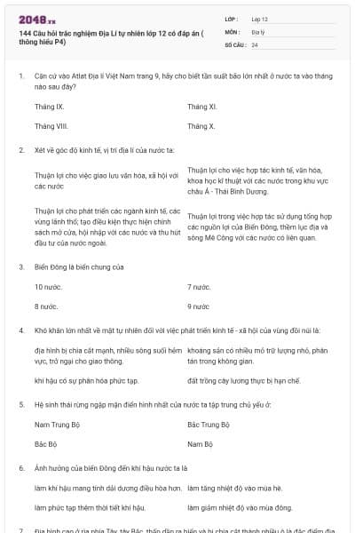 144 Câu hỏi trắc nghiệm Địa Lí tự nhiên lớp 12 có đáp án ( thông hiểu P4)