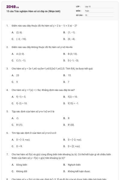 15 câu Trắc nghiệm Hàm số có đáp án (Nhận biết)