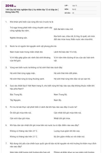144 Câu hỏi trắc nghiệm Địa Lí tự nhiên lớp 12 có đáp án ( thông hiểu P5)
