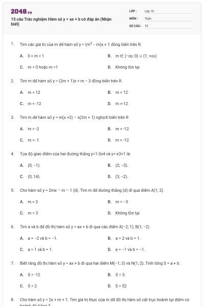 15 câu Trắc nghiệm Hàm số y = ax + b có đáp án (Nhận biết)