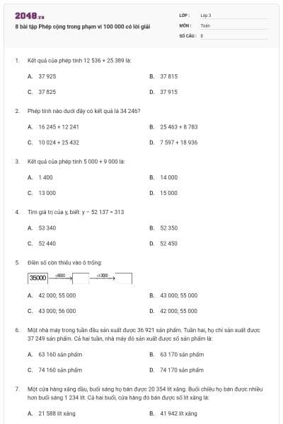 8 bài tập Phép cộng trong phạm vi 100 000 có lời giải