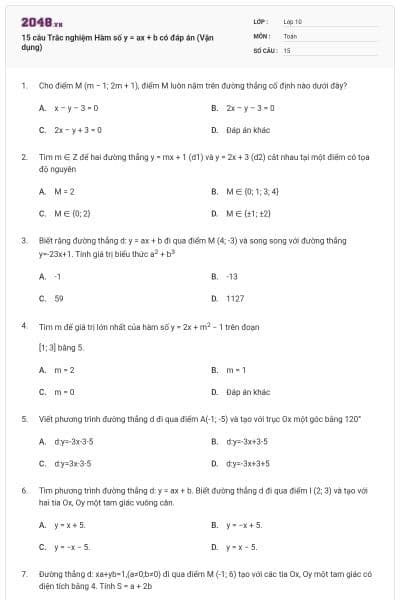 15 câu Trắc nghiệm Hàm số y = ax + b có đáp án (Vận dụng)