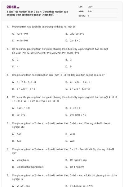 8 câu Trắc nghiệm Toán 9 Bài 4: Công thức nghiệm của phương trình bậc hai có đáp án (Nhận biết)
