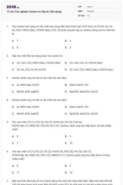 13 câu Trắc nghiệm Cacbon có đáp án (Vận dụng)