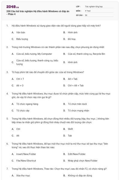 200 Câu hỏi trắc nghiệm Hệ điều hành Windows có đáp án - Phần 4