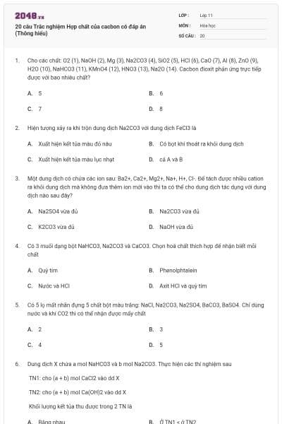 20 câu Trắc nghiệm Hợp chất của cacbon có đáp án (Thông hiểu)