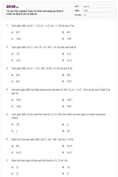 15 câu Trắc nghiệm Toán 10 chân trời sáng tạo Định lí côsin và định lí sin có đáp án