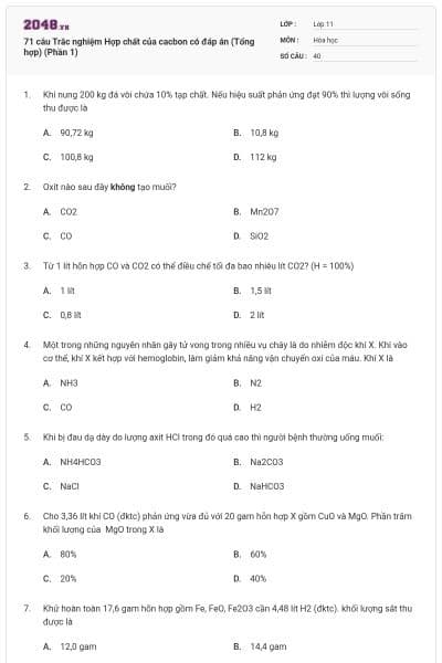 71 câu Trắc nghiệm Hợp chất của cacbon có đáp án (Tổng hợp) (Phần 1)