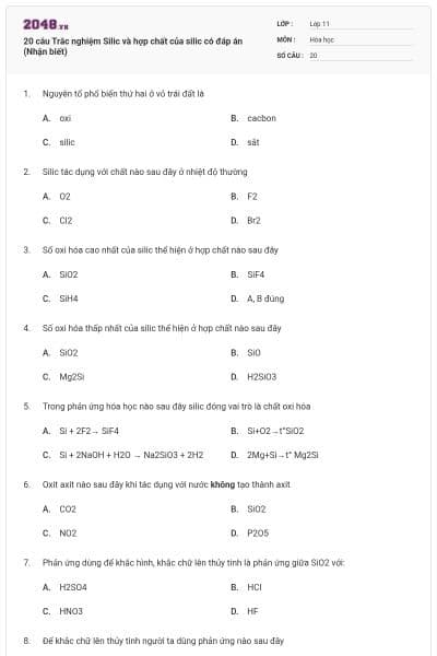 20 câu Trắc nghiệm Silic và hợp chất của silic có đáp án (Nhận biết)