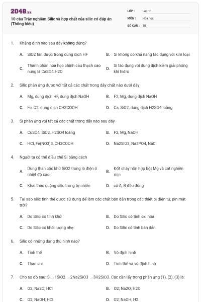 10 câu Trắc nghiệm Silic và hợp chất của silic có đáp án (Thông hiểu)