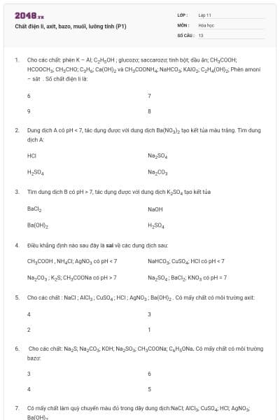 Chất điện li, axit, bazo, muối, lưỡng tính (P1)