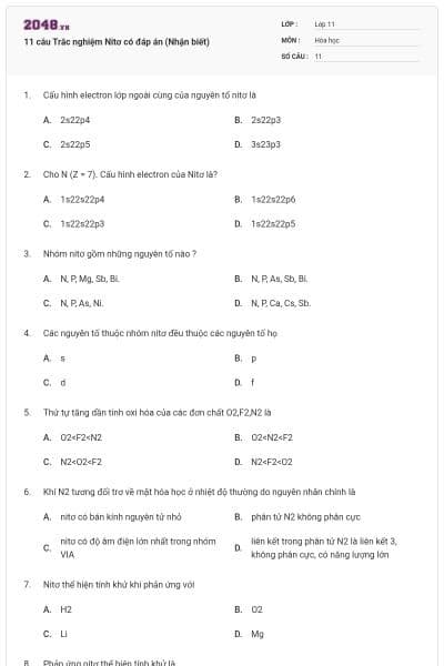 11 câu Trắc nghiệm Nitơ có đáp án (Nhận biết)