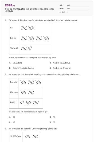 8 bài tập Thu thập, phân loại, ghi chép số liệu, bảng số liệu có lời giải
