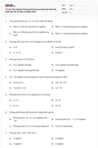 15 câu Trắc nghiệm Phương trình quy về phương trình bậc nhất, bậc hai có đáp án (Nhận biết)