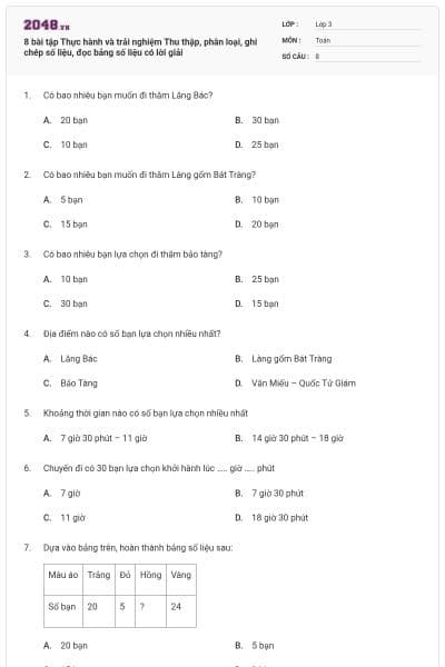 8 bài tập Thực hành và trải nghiệm Thu thập, phân loại, ghi chép số liệu, đọc bảng số liệu có lời giải