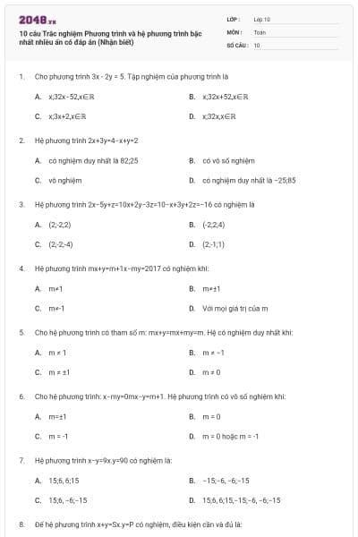 10 câu Trắc nghiệm Phương trình và hệ phương trình bậc nhất nhiều ẩn có đáp án (Nhận biết)