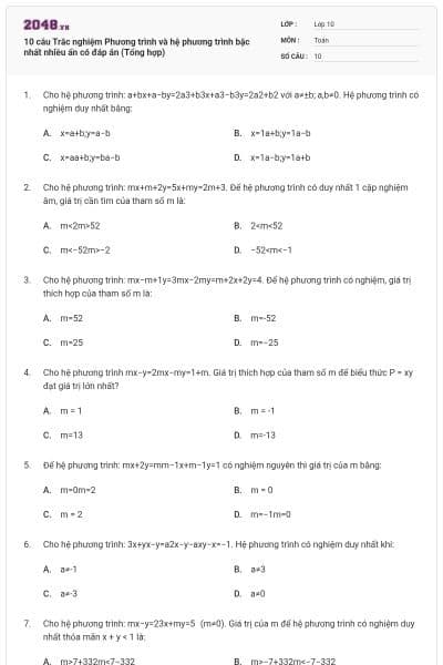 10 câu Trắc nghiệm Phương trình và hệ phương trình bậc nhất nhiều ẩn có đáp án (Tổng hợp)