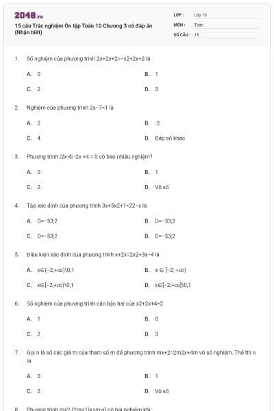 15 câu Trắc nghiệm Ôn tập Toán 10 Chương 3 có đáp án (Nhận biết)