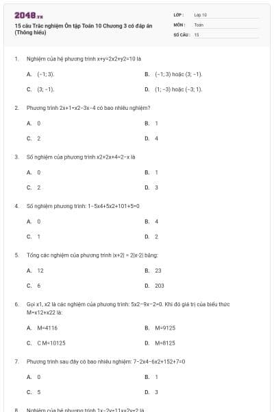 15 câu Trắc nghiệm Ôn tập Toán 10 Chương 3 có đáp án (Thông hiểu)
