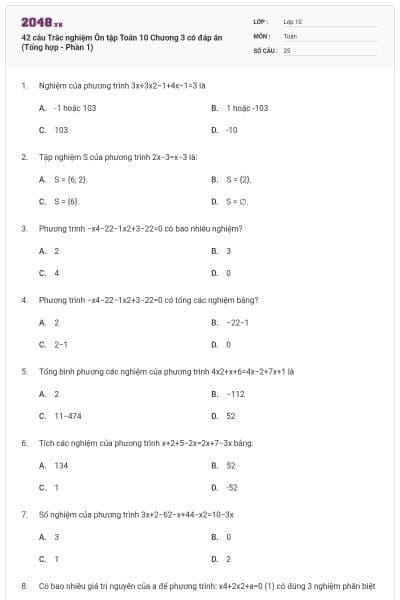 42 câu Trắc nghiệm Ôn tập Toán 10 Chương 3 có đáp án (Tổng hợp - Phần 1)