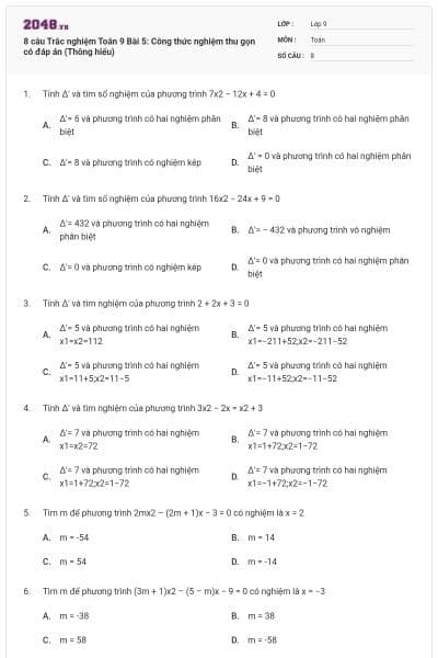 8 câu Trắc nghiệm Toán 9 Bài 5: Công thức nghiệm thu gọn có đáp án (Thông hiểu)