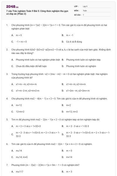 7 câu Trắc nghiệm Toán 9 Bài 5: Công thức nghiệm thu gọn có đáp án (Phần 3)