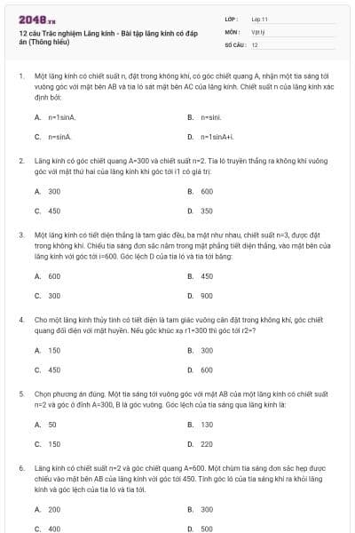 12 câu Trắc nghiệm Lăng kính - Bài tập lăng kính có đáp án (Thông hiểu)
