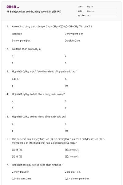 98 Bài tập Anken cơ bản, nâng cao có lời giải (P1)