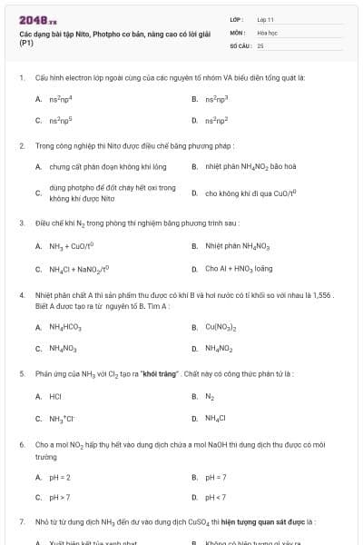 Các dạng bài tập Nito, Photpho cơ bản, nâng cao có lời giải (P1)