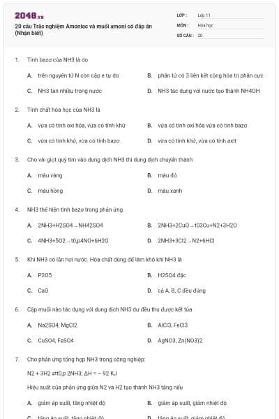 20 câu Trắc nghiệm Amoniac và muối amoni có đáp án (Nhận biết)