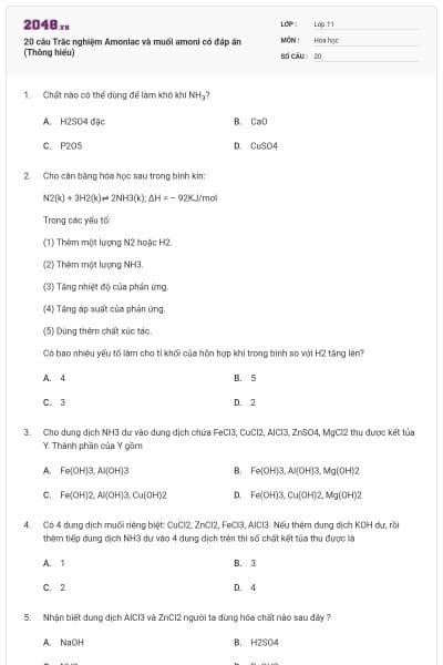 20 câu Trắc nghiệm Amoniac và muối amoni có đáp án (Thông hiểu)