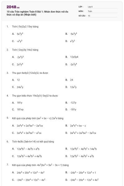10 câu Trắc nghiệm Toán 8 Bài 1: Nhân đơn thức với đa thức có đáp án (Nhận biết)