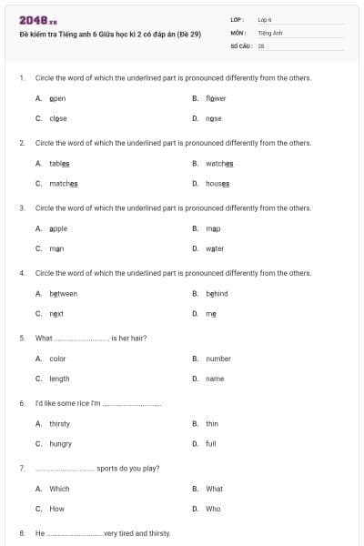 Đề kiểm tra Tiếng anh 6 Giữa học kì 2 có đáp án (Đề 29)