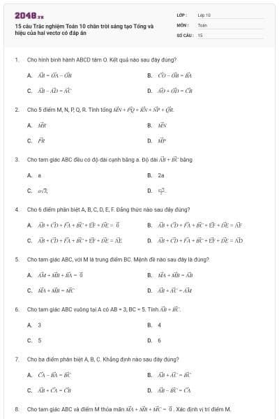 15 câu Trắc nghiệm Toán 10 chân trời sáng tạo Tổng và hiệu của hai vectơ có đáp án