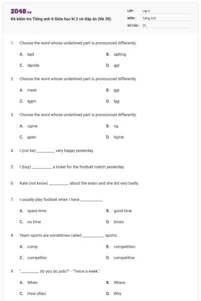 Đề kiểm tra Tiếng anh 6 Giữa học kì 2 có đáp án (Đề 30)
