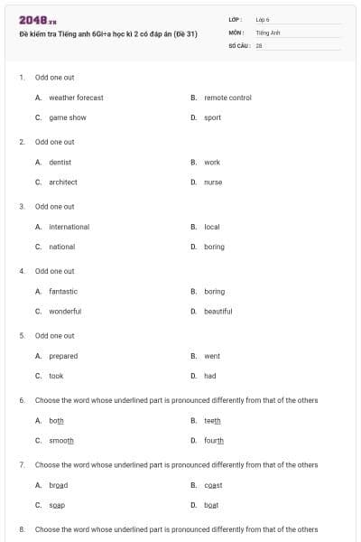 Đề kiểm tra Tiếng anh 6Gi÷a học kì 2 có đáp án (Đề 31)