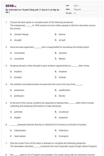 Bộ 4 Đề kiểm tra 15 phút Tiếng anh 11 Học kì 2 có đáp án - Đề 1