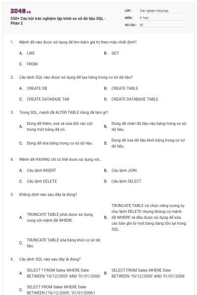 550+ Câu hỏi trắc nghiệm lập trình cơ sở dữ liệu SQL - Phần 2