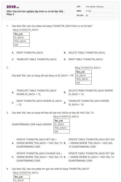 550+ Câu hỏi trắc nghiệm lập trình cơ sở dữ liệu SQL - Phần 3