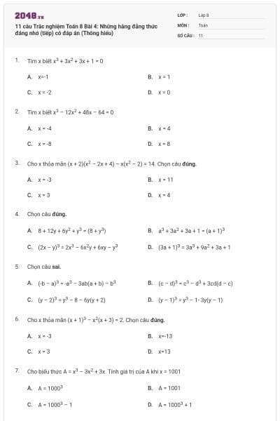 11 câu Trắc nghiệm Toán 8 Bài 4: Những hằng đẳng thức đáng nhớ (tiếp) có đáp án (Thông hiểu)