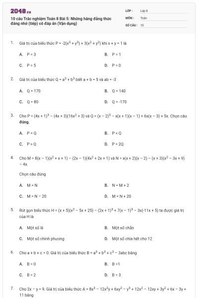 10 câu Trắc nghiệm Toán 8 Bài 5: Những hằng đẳng thức đáng nhớ (tiếp) có đáp án (Vận dụng)
