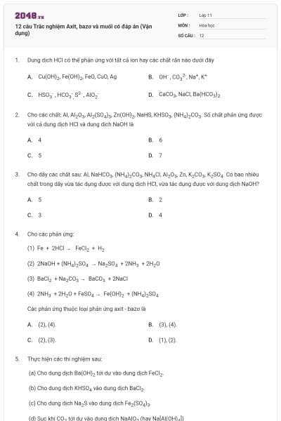 12 câu Trắc nghiệm Axit, bazơ và muối có đáp án (Vận dụng)