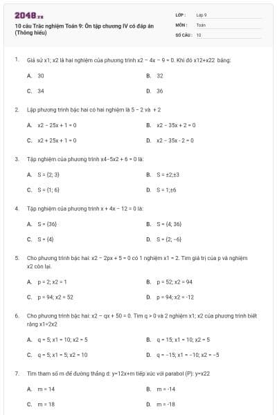 10 câu Trắc nghiệm Toán 9: Ôn tập chương IV có đáp án (Thông hiểu)