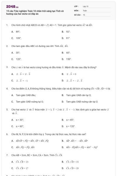 15 câu Trắc nghiệm Toán 10 chân trời sáng tạo Tích vô hướng của hai vectơ có đáp án