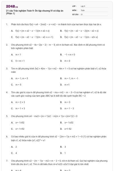21 câu Trắc nghiệm Toán 9: Ôn tập chương IV có đáp án (Phần 1)