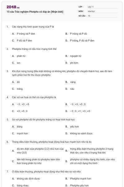 15 câu Trắc nghiệm Photpho có đáp án (Nhận biết)