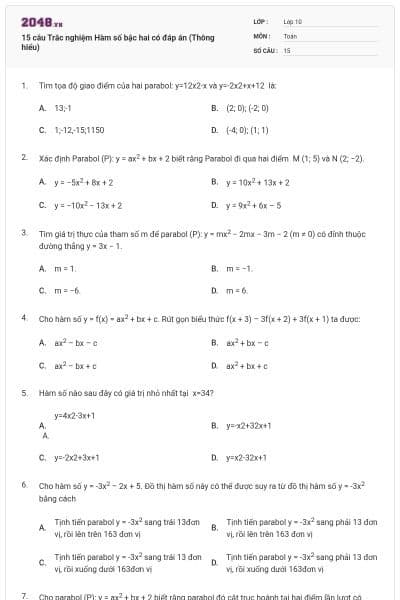 15 câu Trắc nghiệm Hàm số bậc hai có đáp án (Thông hiểu)
