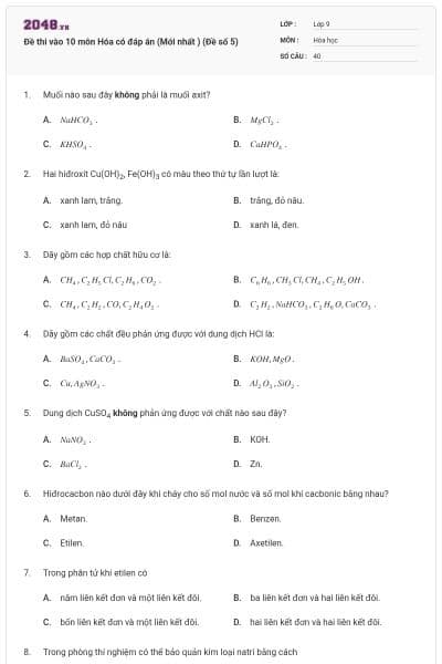 Đề thi vào 10 môn Hóa có đáp án (Mới nhất ) (Đề số 5)