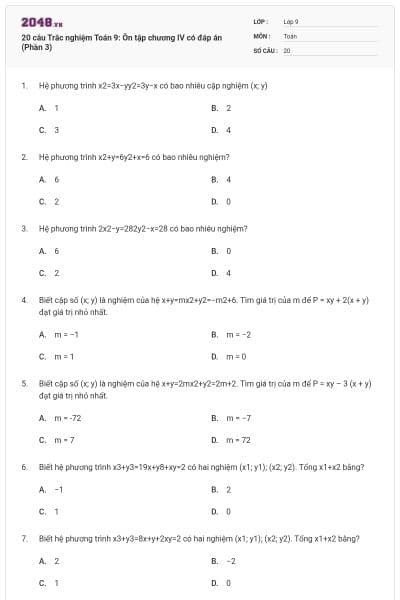 20 câu Trắc nghiệm Toán 9: Ôn tập chương IV có đáp án (Phần 3)